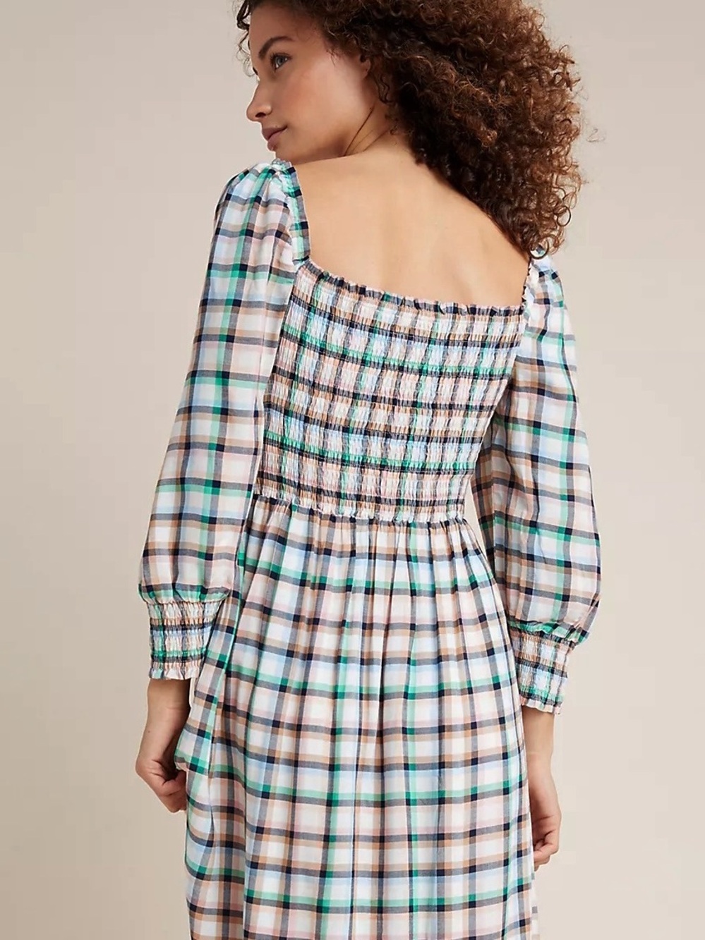 Anthropologie Maeve Cerie Smocked Midi Dress Boho Plaid Green Pockets S - Picture 4 of 5